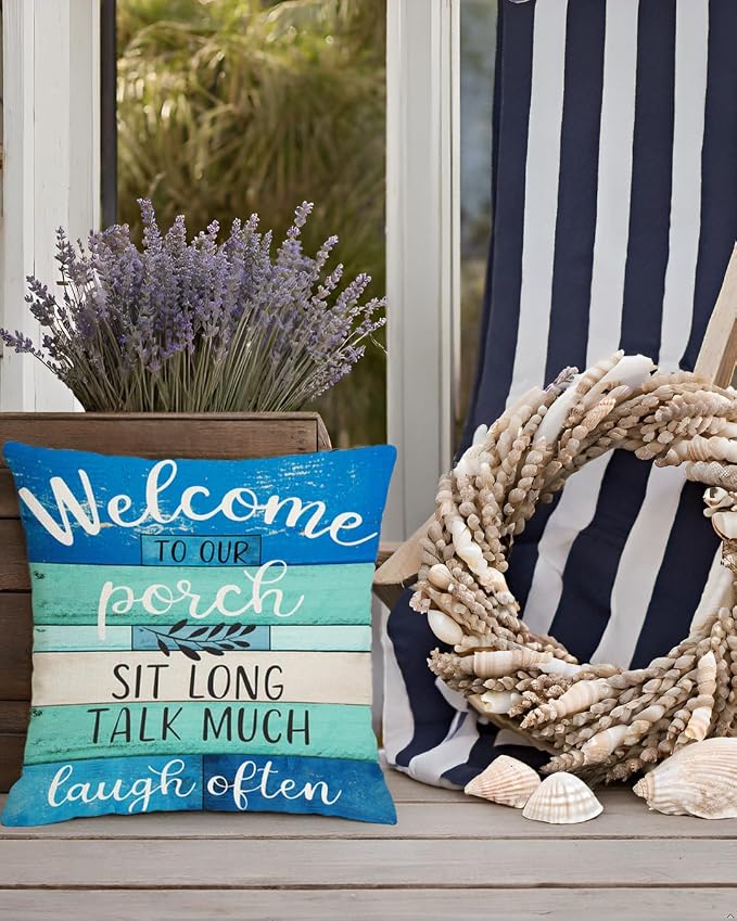 Waterproof Outdoor Pillow Covers 18x18 - Turquoise Blue Beige Woodgrain Coastal Farmhouse Welcome to Porch Decorative Cushion Covers for Patio Furniture, Set of 2
