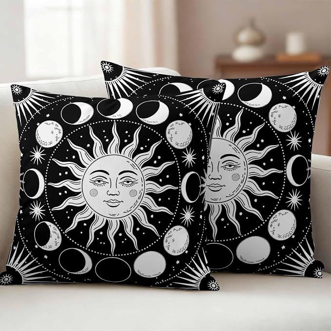 Celestial Sun and Moon Waterproof Outdoor Pillow Covers Set of 2 Home Decor, Black Starry Galaxy Boho Pillowcase Patio Pillow Covers for Couch Bench Patio Furniture Garden 16x16in