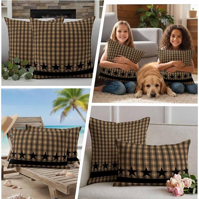 Brown Black Plaid Waterproof Outdoor Pillow Covers Set of 2 Home Decor Vintage Rustic Star Buffalo Check Pillowcase Patio Pillow Covers for Couch Bench Furniture Garden 24x24in