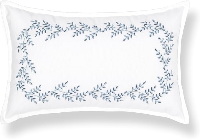 Hofdeco Premium Grandmillennial Coastal Hampton Patio Indoor Outdoor Lumbar Pillow Cover Only, 12"x20" Water Repellent for Backyard, Couch, Poolside, Baby Blue Embroidered Leaves Frame