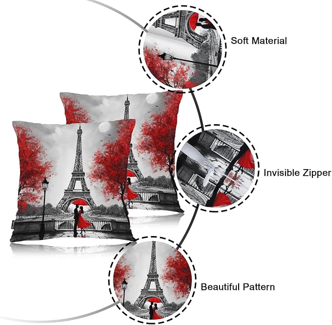 Swono Outdoor Pillow Covers Eiffel Tower, Paris Couple Maple Eiffel Tower Home Decorative Throw Pillow Case Cushion Cover for Men/Woman/Girls/Boys/Bed/Sofa/Office/Car, 18x18 Inch, 2Pcs Pillow Covers