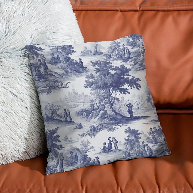 Navy White Blue Decorative Toile Print Pillow Cover French Charmed Life Toile Throw Pillow Cover Modern Throw Pillow Covers Farmhouse Decorative for Patio Tent Couch 16x16 in