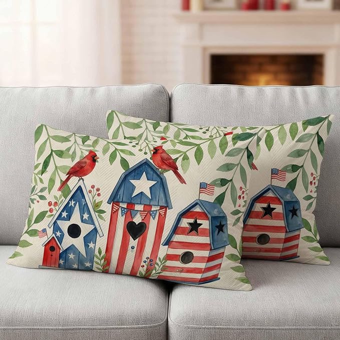 American Flag Bird House Outdoor Pillow Covers Waterproof, All Weather Cushion Case Set of 2, Green Eucalyptus Beige 250th Lumbar Pillowcase for Sofa Couch Bed Decor Patio Furniture 20"x12"