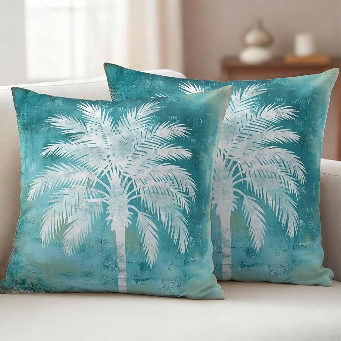 Teal Summer Palm Tree Outdoor Waterproof Pillow Covers, Coastal Beach Tropical Botanical Decorative Square Throw Pillowcase, Vintage Sofa Cushion Sham for Patio/Couch/Chair, 18"x18" 2 Pack