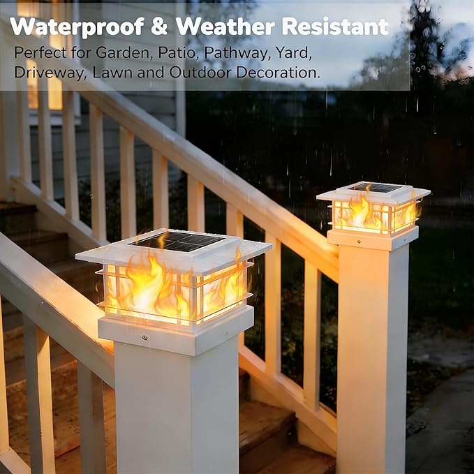Dynaming 2 Pack Solar Post Cap Lights Outdoor with Flickering Flame Light, White Shell Fence Post Solar Lights Fit 4x4 5x5 Vinyl/Wooden Posts, Brightness LED Lighting Decor for Garden Deck Patio