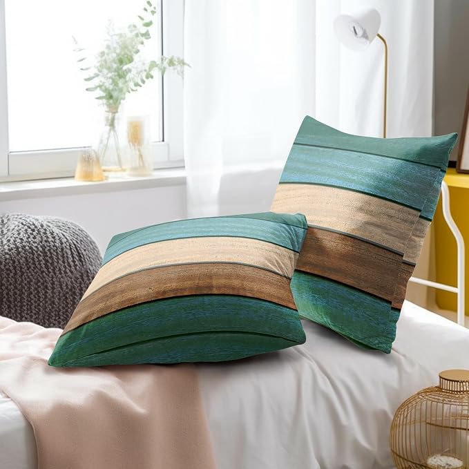 Teal Green Brown Pillow Covers 18x18 Inch Set of 2, Retro Rustic Barn Wood Decorative Throw Pillow Case Soft Cotton Square Cushion Cover Outdoor Sofa Patio Home Decor