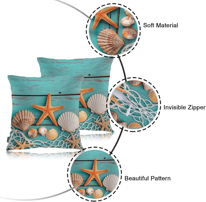 Swono Marine Throw Pillow Cases, Fishing Net Seashells Starfish Set of 2 Decorative Throw Pillow Cover Turquoise Blue Wood Square Pillow Cushion Case Home Decor for Sofa Couch Bed Car 18x18 Inch