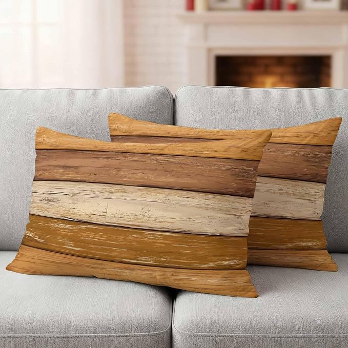 Farmhouse Yellow Brown Outdoor Waterproof Pillow Covers, Vintage Wooden Striped Decorative Rectangle Throw Pillowcase Sofa Cushion Sham for Patio/Couch/Chair, 20"x12" 2 Pack