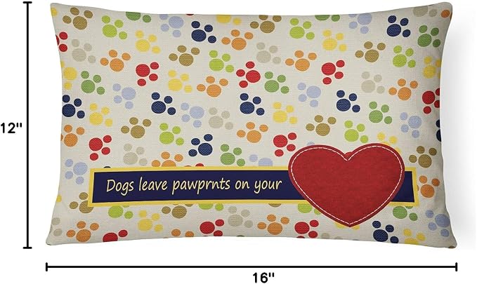 Caroline's Treasures SB3054PW1216 Dogs Leave Pawprints on Your Heart Canvas Fabric Decorative Pillow Machine Washable, Indoor Outdoor Decorative Pillow for Couch, Bed or Patio, 12HX16W