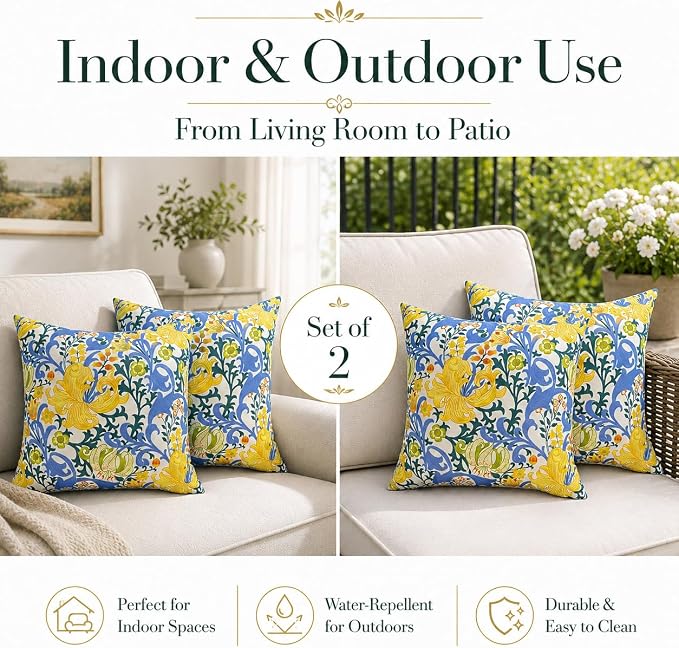Outdoor Throw Pillows 18×18 Inch Waterproof Pillows with Inserts | Set of 2 Fade Resistant Decorative Square Pillows for Couch, Sofa and Patio Furniture