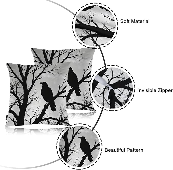 Swono Raven Pack of 2 Throw Pillow Cases, Wild Bird Black Ravens On Tree Branch Cozy Pillow Cover Square 18"X18" Cushion Case Set Pillowcase Decorative for Home Sofa Bedroom Car Office