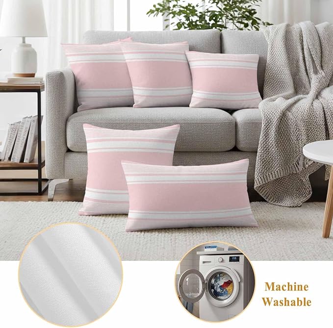 Vandarllin Outdoor Throw Pillows Covers 16x16 inch Set of 2 Waterproof Pink Stripes Decorative Zippered Cushion Covers for Patio Furniture, Striped Lines Lumbar Pillowcases