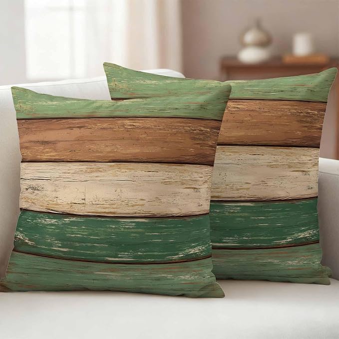 Farmhouse Dark Sage Green Brown Outdoor Waterproof Pillow Covers, Vintage Wooden Striped Decorative Square Throw Pillowcase Sofa Cushion Sham for Patio/Couch/Chair, 18"x18" 2 Pack