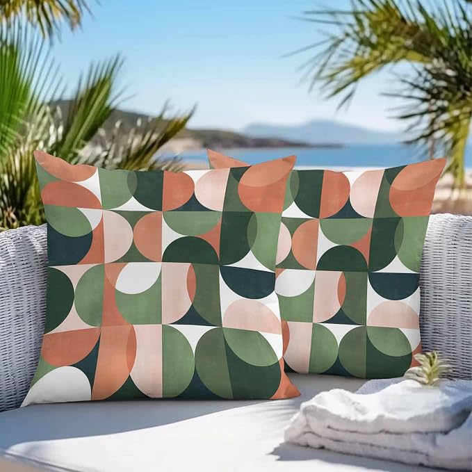Vandarllin Outdoor Throw Pillows Covers 16x16 inch Set of 2 Waterproof Mid Century Geometric Decorative Zippered Cushion Covers for Patio Furniture, Abstract Modern Green Orange Lumbar Pillowcases