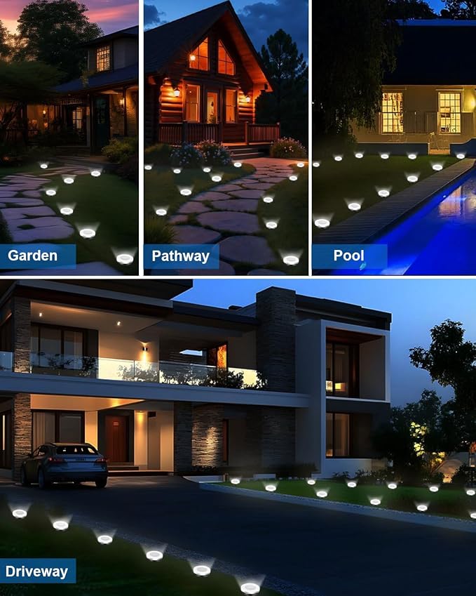 Solar Lights Outdoor Waterproof, 8 Pack 8 LED, Thickened Stainless Steel Ground Light, Solar Garden Lights Landscape Lighting for Patio Pathway Lawn Yard Deck Driveway Walkway, Cool White