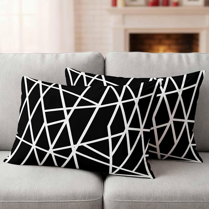 Outdoor Pillow Covers Waterproof, Black Geometric Decorative Rectangle Throw Pillowcases Patio Cushion Covers for Tent/Garden, 20" x 12" 2 Pack, Abstract Stripes Modern Simple