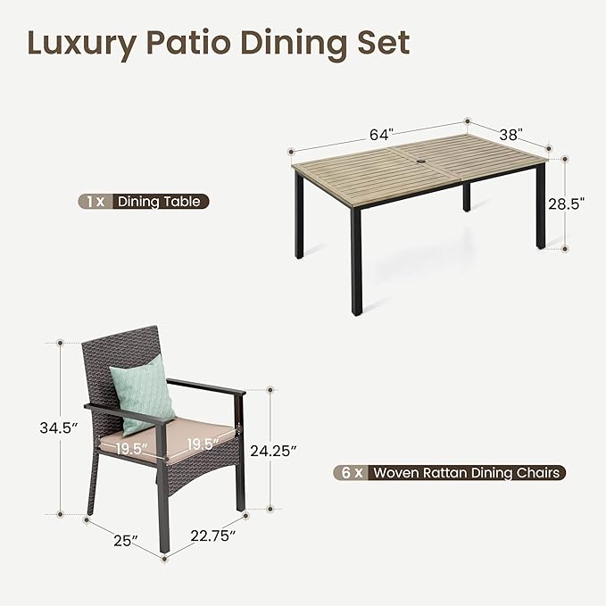 PHI VILLA 7 Piece Patio Dining Set, 64” Wood-Like Table, Rattan Chairs | Outdoor Dining Set for 6, Rectangular Table with Umbrella Hole, Wicker Chairs with Cushions for Patio, Deck, Porch