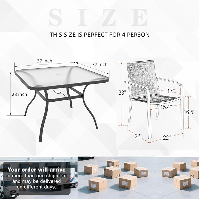 5 Piece Outdoor Dining Set with 37" Square Glass Table and BeigeGrey Chairs | 4 Piece Stackable Chairs Textilene Seat and Back, Table & Chair with Metal Frame, Square Glass Table Top, 1.7" Umbrella Hole