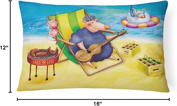 Caroline's Treasures APH0079PW1216 Pig Sunbathing on The Beach Canvas Fabric Decorative Pillow Machine Washable, Indoor Outdoor Decorative Pillow for Couch, Bed or Patio, 12HX16W
