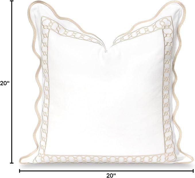 Hofdeco Premium Coastal Hampton Scalloped Patio Indoor Outdoor Throw Pillow Cover Only, 20"x20" Water Repellent for Backyard, Couch, Poolside, Neutral Tan Embroidered Begonia Pattern Chain Frame