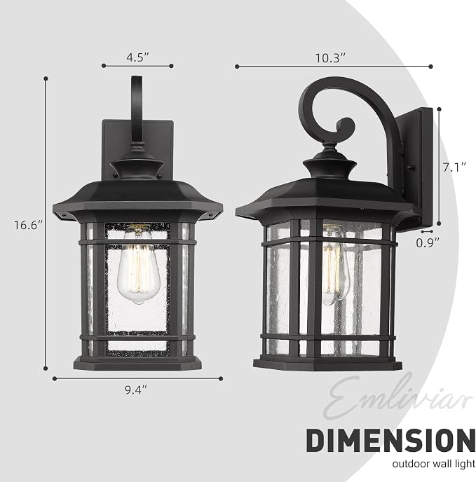 Emliviar Outdoor Wall Lights for House, 1-Light Exterior Wall Sconce Black Finish with Clear Seeded Glass, 17" Height, 22021M
