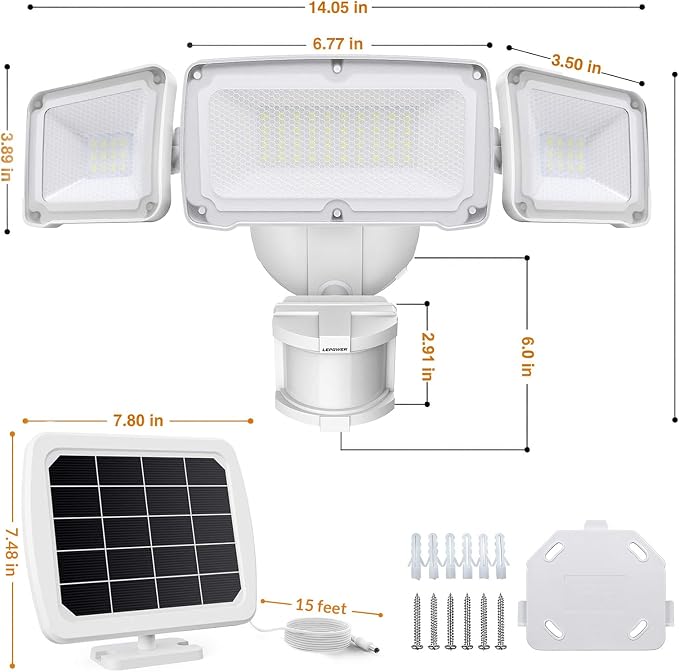 LEPOWER Solar LED Security Lights, PIR Motion Sensor Outdoor, 1600LM, Yard | 5500K Daylight, 72FT180° Motion Sensor Flood Light, 3 Adjustable Head, Easy Install, IP65 Waterproof for Porch, Patio, Garage