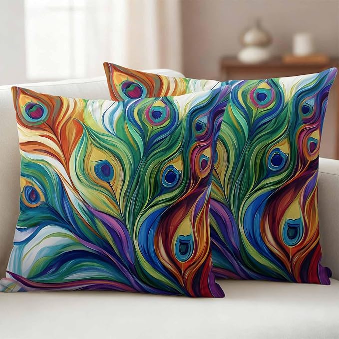 Colorful Peacock Feathers Outdoor Pillow Covers 16x16 Inch Throw Pillow Covers Set of 2 Waterproof Decorative Pillow Cases Oil Painting Abstract Art Cushion Covers for Patio Furniture Garden Couch