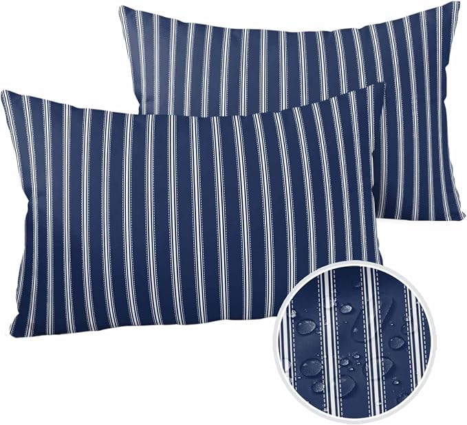 Outdoor Waterproof Throw Pillow Covers Set of 2 Navy Blue Stripe Lumbar Pillowcases 20x12 Inches Vertical Striped Patio Decorative Pillows Cushion Case Patio Pillows for Couch Bed Chair Garden