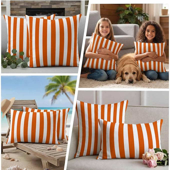 Burnt Orange Striped Outdoor Waterproof Throw Pillow Covers 20x12 Set of 2, Thanksgiving Orange White Stripes Decorative Pillowcases Cushion Pillowcase for Couch Sofa Patio Outside Pillow Protector