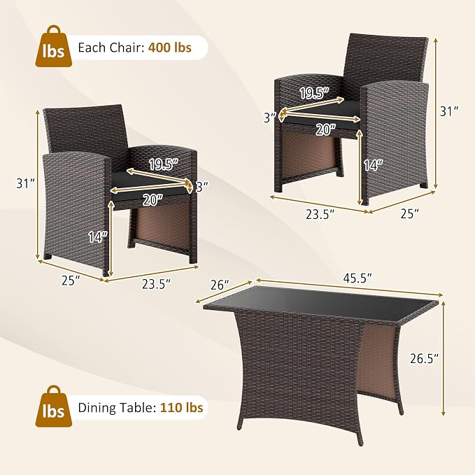 HAPPYGRILL 3 Pieces Patio Wicker Dining Set, Balcony Furniture Set w/Tempered Glass Dining Table, 2 Chairs, Comfy Cushions, Space-Saving Dining Set for Small Spaces, Perfect for Garden, Backyard