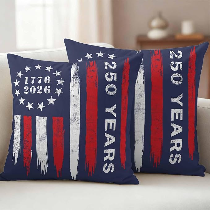 250 Years America Outdoor Pillow Covers 20"x20" Set of 2, Waterproof Throw Pillow Covers for Patio Furniture, USA 250th Anniversary Red White Blue Decorative Cushion Covers for Porch