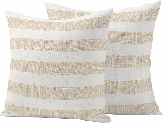 Vintage Linen Outdoor Waterproof Throw Pillow Covers Set of 2, 26"x26", Striped Beige Theme Farmhouse Decorative Pillow Covers Outside Cushion Case for Patio Porch Garden