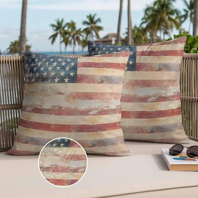 Independence Day Outdoor Pillow Covers 26"x26" Set of 2, Retro Country USA Flag Memorial Day Waterproof Throw Pillow Covers for Patio Furniture, Decorative Cushion Covers for Porch