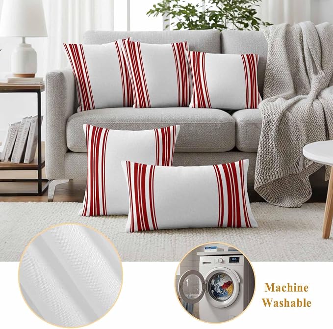 Outdoor Waterproof Throw Pillow Covers Set of 2 Red Stripes Pillowcases 18x18 Inches White Vertical Striped Decorative Pillows Cushion Case Patio Pillows for Couch Bed Chair Garden
