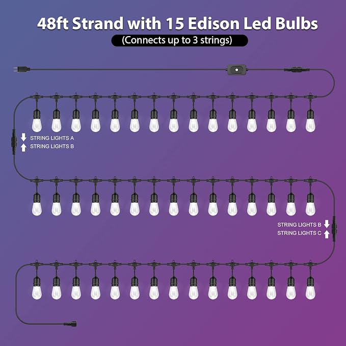48FT Outdoor Patio RGB Cafe String Lights with Remote, Black | Plug in, 8 Lighting Modes, 15+2 S14 LED Edison Bulbs, Dimmable, Shatterproof, Waterproof, Linkable, for Christmas Party Yard