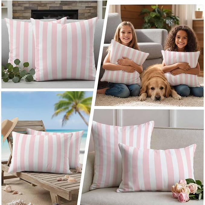 Pink Striped Outdoor Waterproof Throw Pillow Covers 24x24 Set of 2, Modern Farmhouse Pink White Stripes Decorative Pillowcases Cushion Pillowcase for Couch Sofa Patio Outside Pillow Protector