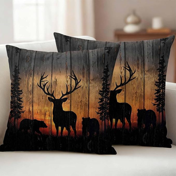 Yukro Wildlife Scene Outdoor Waterproof Pillow Covers Pack of 2, Nature Deer Bear Pine Trees Silhouette Sunset Throw Pillowcases Decorative Cushion Covers for Garden Patio Tent Sofa Couch, 18x18 inch