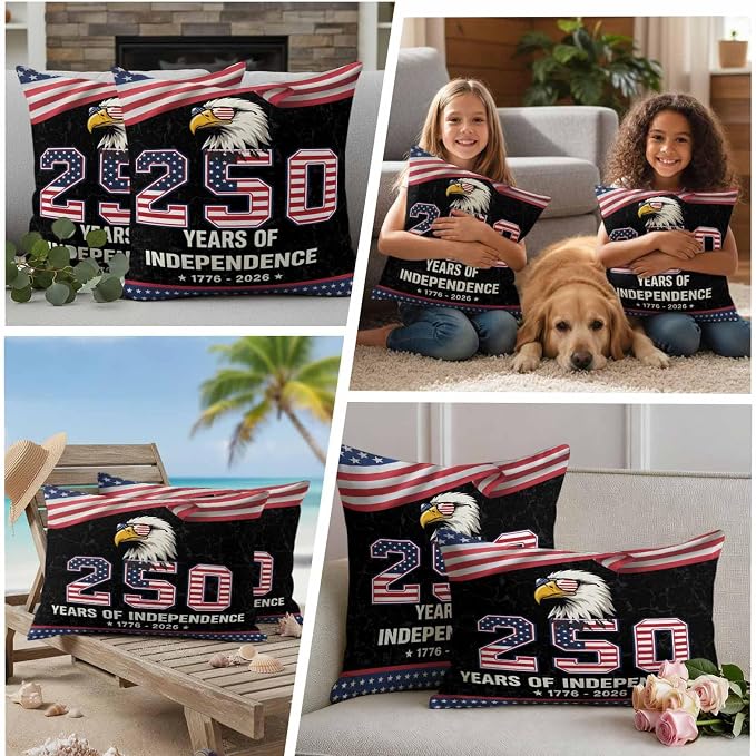 250 Years Anniversary Outdoor Waterproof Throw Pillow Covers 16x16 Set of 2, Independence Day USA Eagle Flag Decorative Pillowcases Cushion Pillowcase for Couch Sofa Patio Outside Pillow Protector
