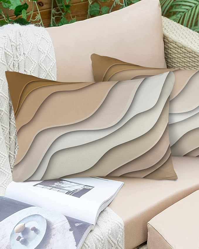 Outdoor Waterproof Pillow Covers for Patio Furniture Brown Modern Geometric Decorative Throw Pillow Cover Abstract Beach Wave Pillowcases Set of 2 Cushion Case for Sofa Couch 20 x 12 Inches