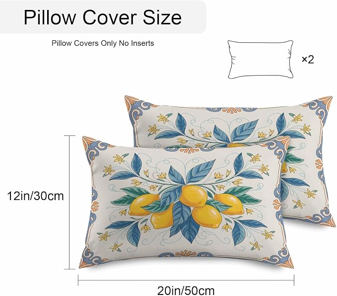 Lumbar Pillow Covers 20x12 Inch Set of 2, Yellow Blue Lemon Waterproof Outdoor Cushion Covers, Summer Botanical Farmhouse Decorative Pillowcases for Couch, Sofa, Bed, Garden, Patio
