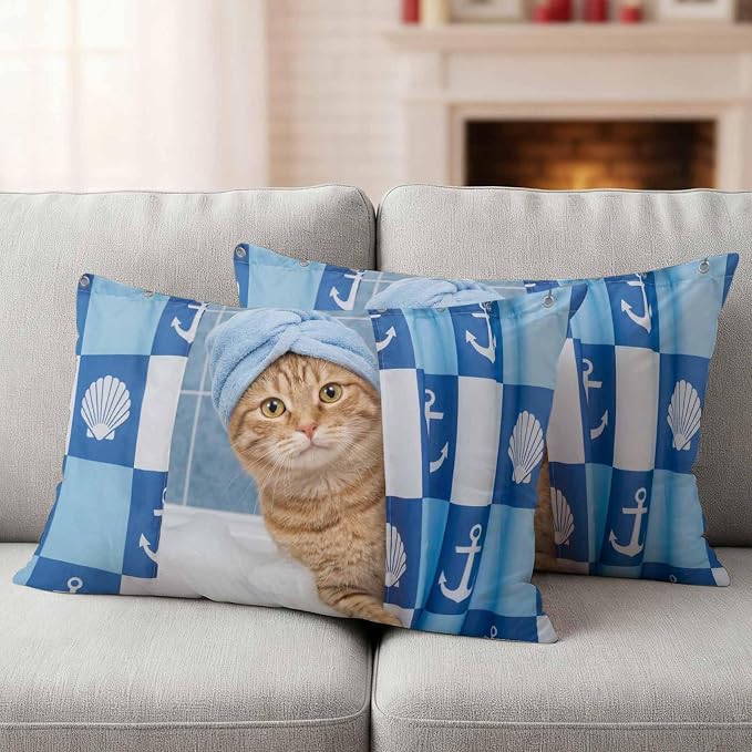 Bathing Cat Waterproof Outdoor Pillow Covers Set of 2 Home Decor, Funny Animal Showering Lumbar Pillowcase Patio Pillow Covers for Couch Bench Patio Furniture Garden 20x12in