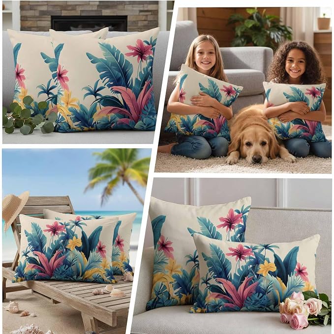 Summer Tropical Leaves Waterproof Outdoor Pillow Covers Set of 2 Home Decor, Farmhouse Botanical Plants Pillowcase Patio Pillow Covers for Couch Bench Furniture Garden 24x24in