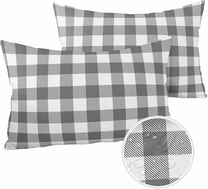 Outdoor Waterproof Throw Pillow Covers Set of 2 Gray Buffalo Check Plaid Lumbar Pillowcases 20x12 Inches Farmhouse Style Patio Decorative Pillows Cushion Case Patio Pillows for Couch Bed Chair Garden
