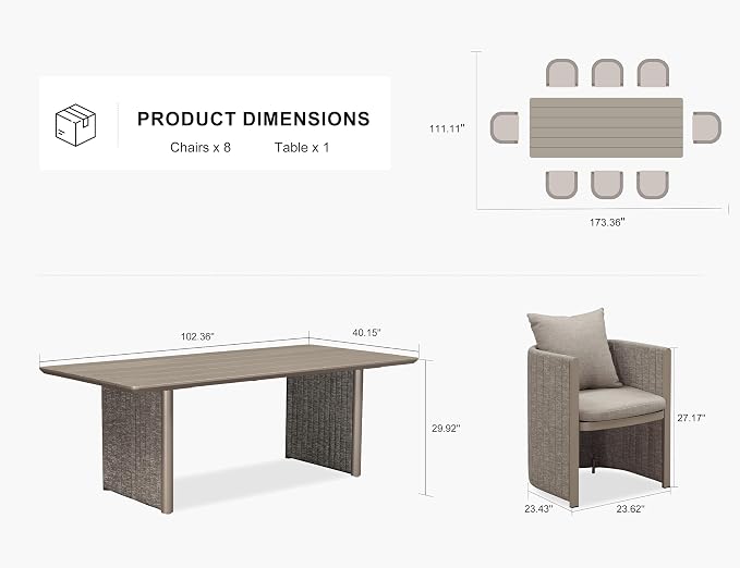 PURPLE LEAF 102-Inch Aluminum Patio Dining Set for Luxury Homeowners, 9-Piece Outdoor Furniture Rectangular Table and Chairs Set with Olefin Cushions and Pillows for Backyard Poolside Hosting Beige