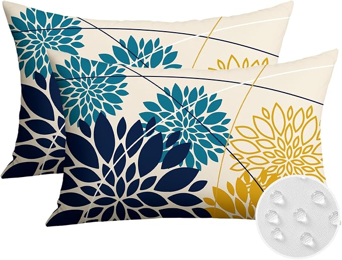 OTOSTAR Outdoor Dark Blue Cyan Yellow Pillow Covers 12x20 Inch Set of 2 Flower Throw Pillows Farmhouse Geometric Dahlia Floral Lumbar Cushion Case Waterproof Decor for Sofa Patio Funiture Garden