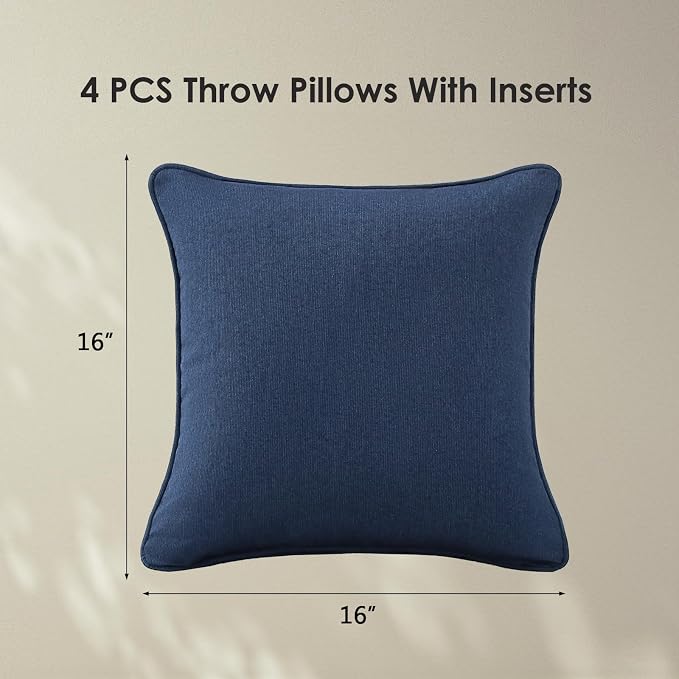Unimatta Sunbrella Decorative Outdoor Water Repellent Throw Pillows with Inserts, Set of 4, 16" x16" Pillows for Patio, Backyard, Bed, Couch, and Patio Furniture, Specrtum Indigo