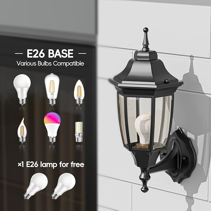 EMART Outdoor Front Porch Light with Bulb, Wall Lamp Fixture(1 Pack, Black) | Exterior Anti-Corrosion, Waterproof Aluminum & Glass Shades, Modern Sconce Lantern for Outside, House, Garage