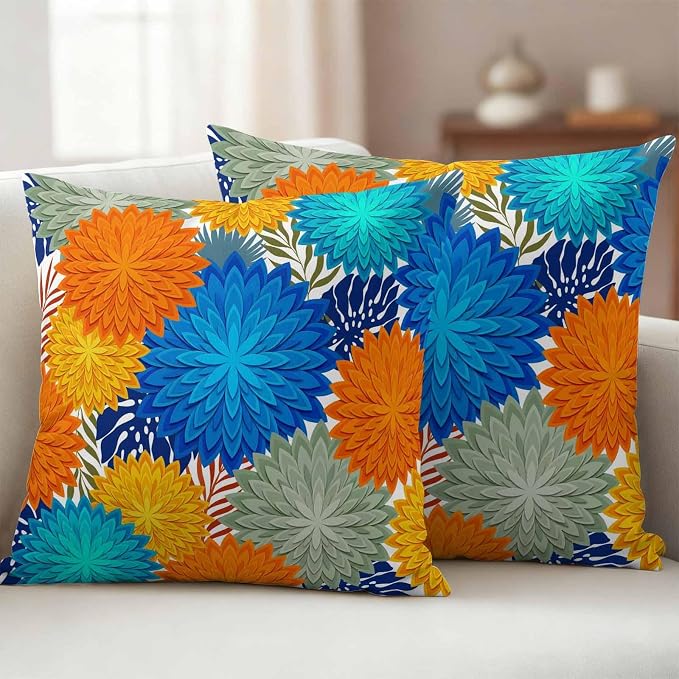 Blue Sage Green Flowers Outdoor Pillow Covers Waterproof, All Weather Cushion Case Set of 2, Boho Colorful Floral Plant Decorative Pillowcases for Sofa Couch Bed Decor Patio Furniture 18"x18"