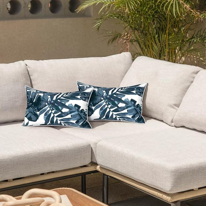 LVTXIII Set of 2 Outdoor Lumbar Pillows for Patio Furniture with White Piping, 12"x20" Fade Resistant Patio Lumbar Pillows with Inserts for Home Coach Sofa Use, Palm Blue