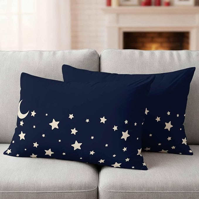 Stars Moon Waterproof Outdoor Pillow Covers Set of 2 Home Decor, Starry Night Navy Blue Lumbar Pillowcase Patio Pillow Covers for Couch Bench Patio Furniture Garden 20x12in